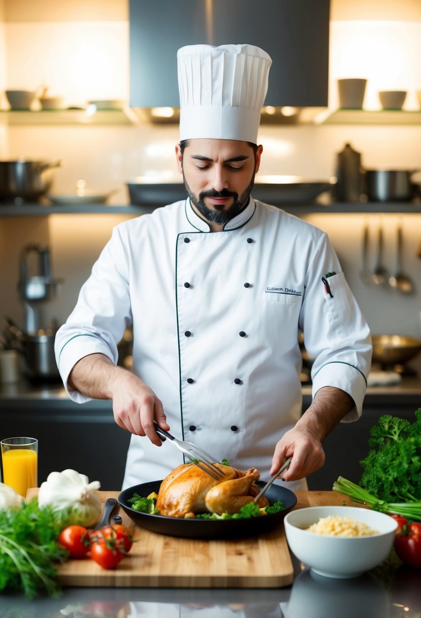 A chef preparing a chicken dish surrounded by fresh ingredients and cooking utensils