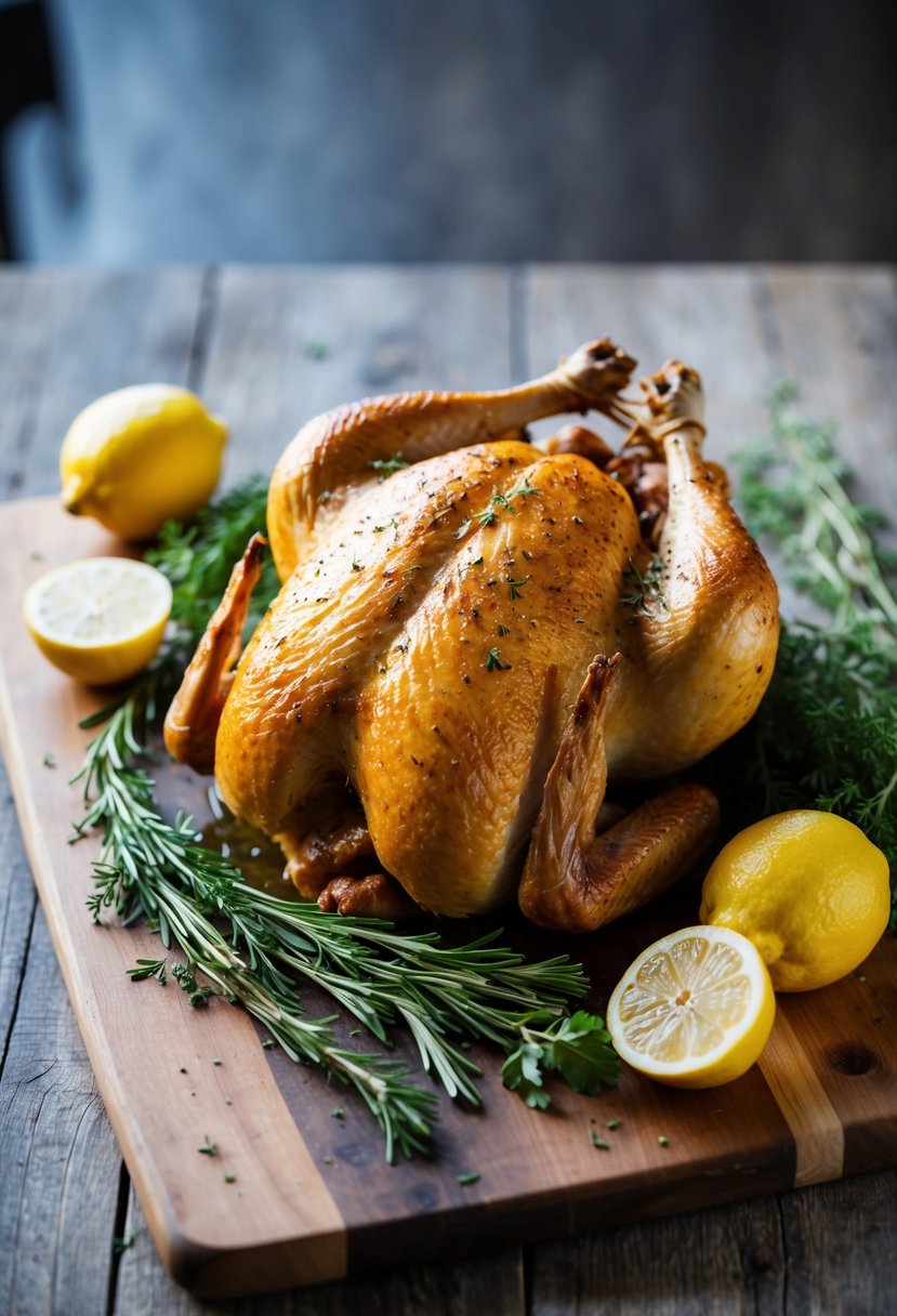 A whole roast chicken surrounded by fresh lemons and herbs on a rustic wooden cutting board