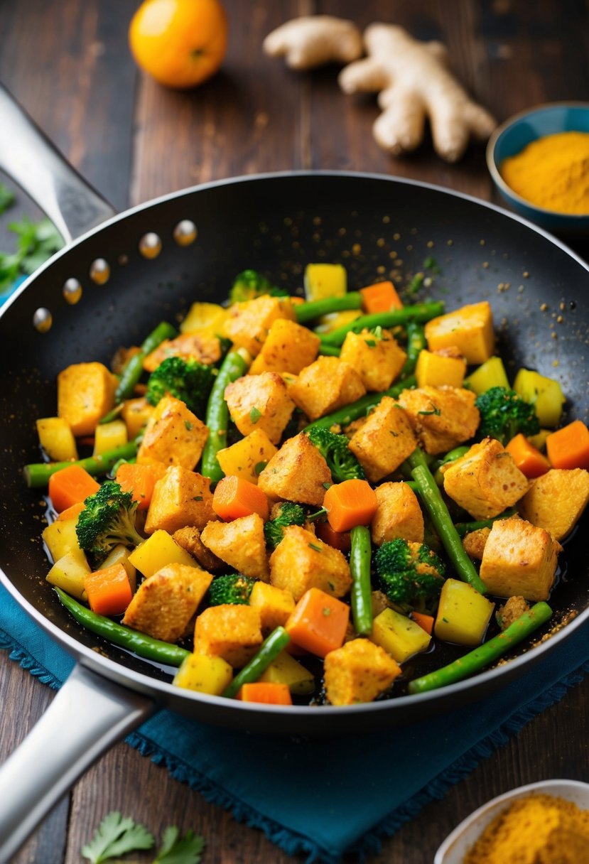 A sizzling skillet with colorful vegetables and chunks of seasoned chicken being tossed together with ginger and turmeric