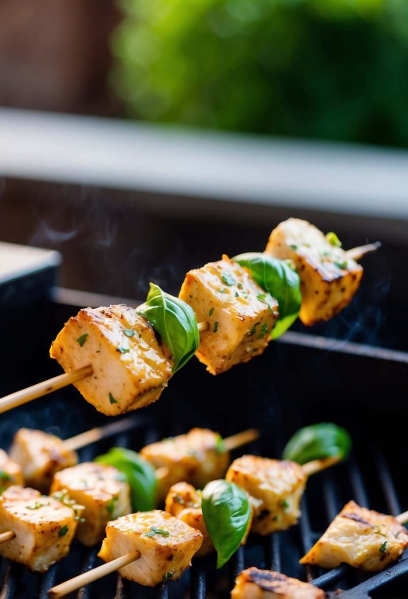 A wooden skewer loaded with garlic basil chicken chunks over a hot grill