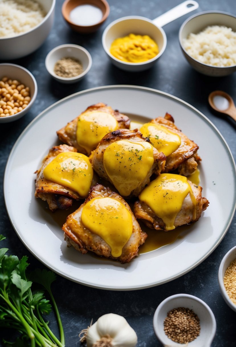 A plate of mustard glazed chicken thighs, surrounded by ingredients for follicular phase recipes