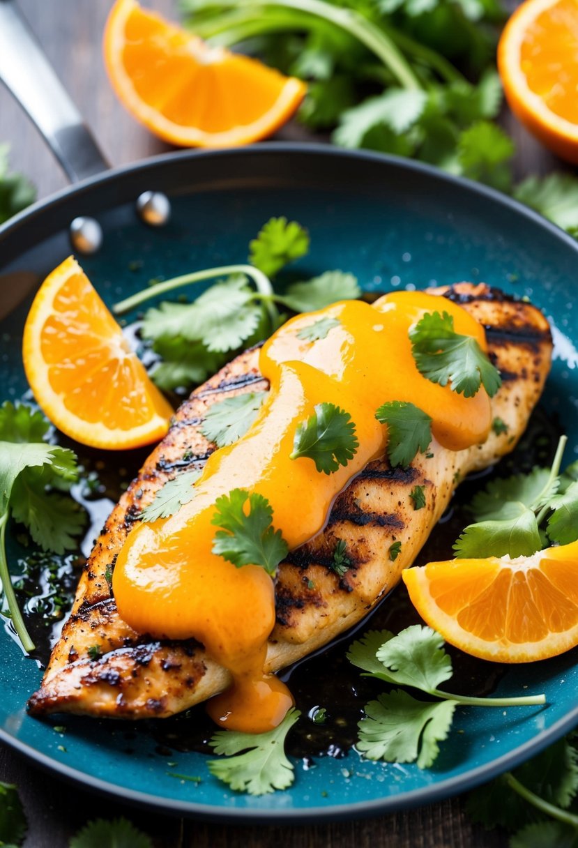 A sizzling grilled chicken breast topped with vibrant orange cilantro sauce, surrounded by fresh cilantro leaves and sliced oranges