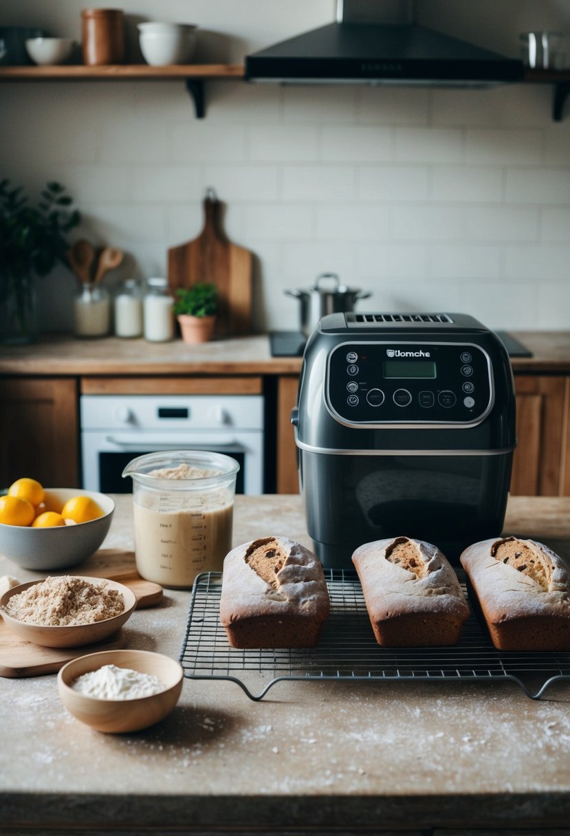 A rustic kitchen counter with ingredients, a sourdough starter, a breadmaker, and freshly baked loaves cooling on a wire rack