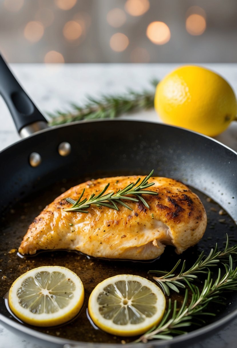 A sizzling chicken breast cooking in a pan with rosemary and lemon slices