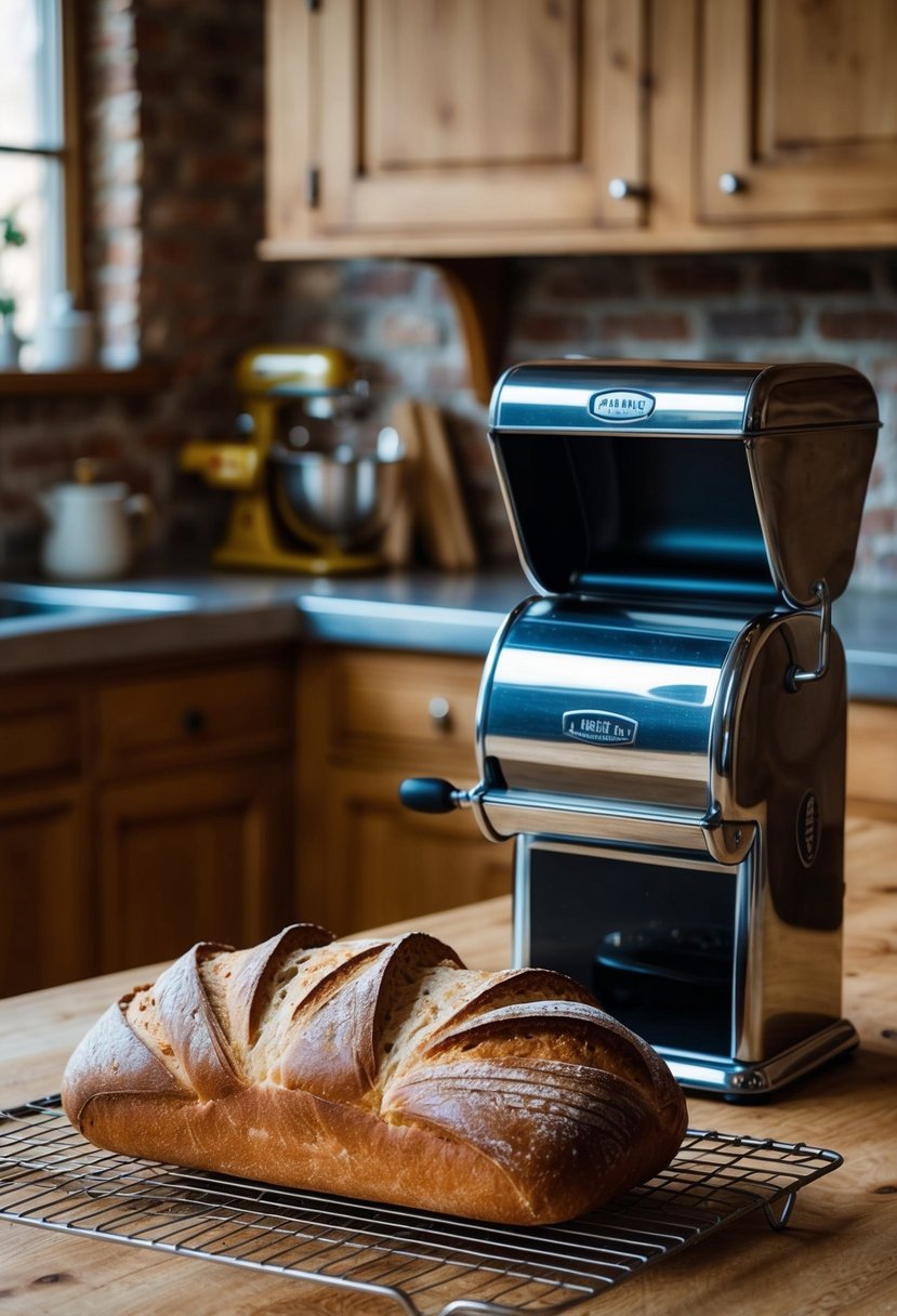 A rustic kitchen with a wooden table, a vintage bread maker, and a freshly baked classic sourdough loaf cooling on a wire rack