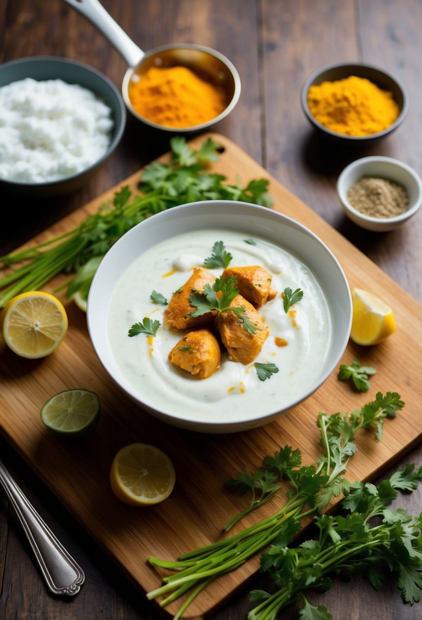 A bowl of turmeric yogurt marinated chicken with various ingredients surrounding it on a wooden cutting board