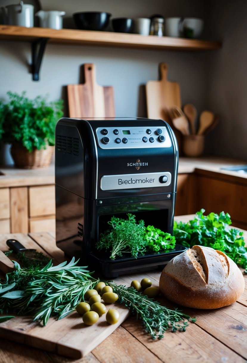 A rustic kitchen with fresh herbs and olives scattered around a sourdough breadmaker