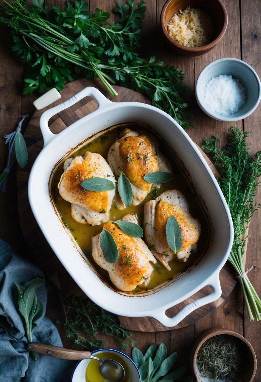 A rustic kitchen scene with a baking dish filled with savory sage chicken, surrounded by fresh herbs and ingredients