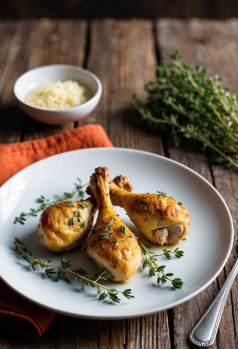 A plate of thyme garlic chicken drumsticks on a rustic wooden table