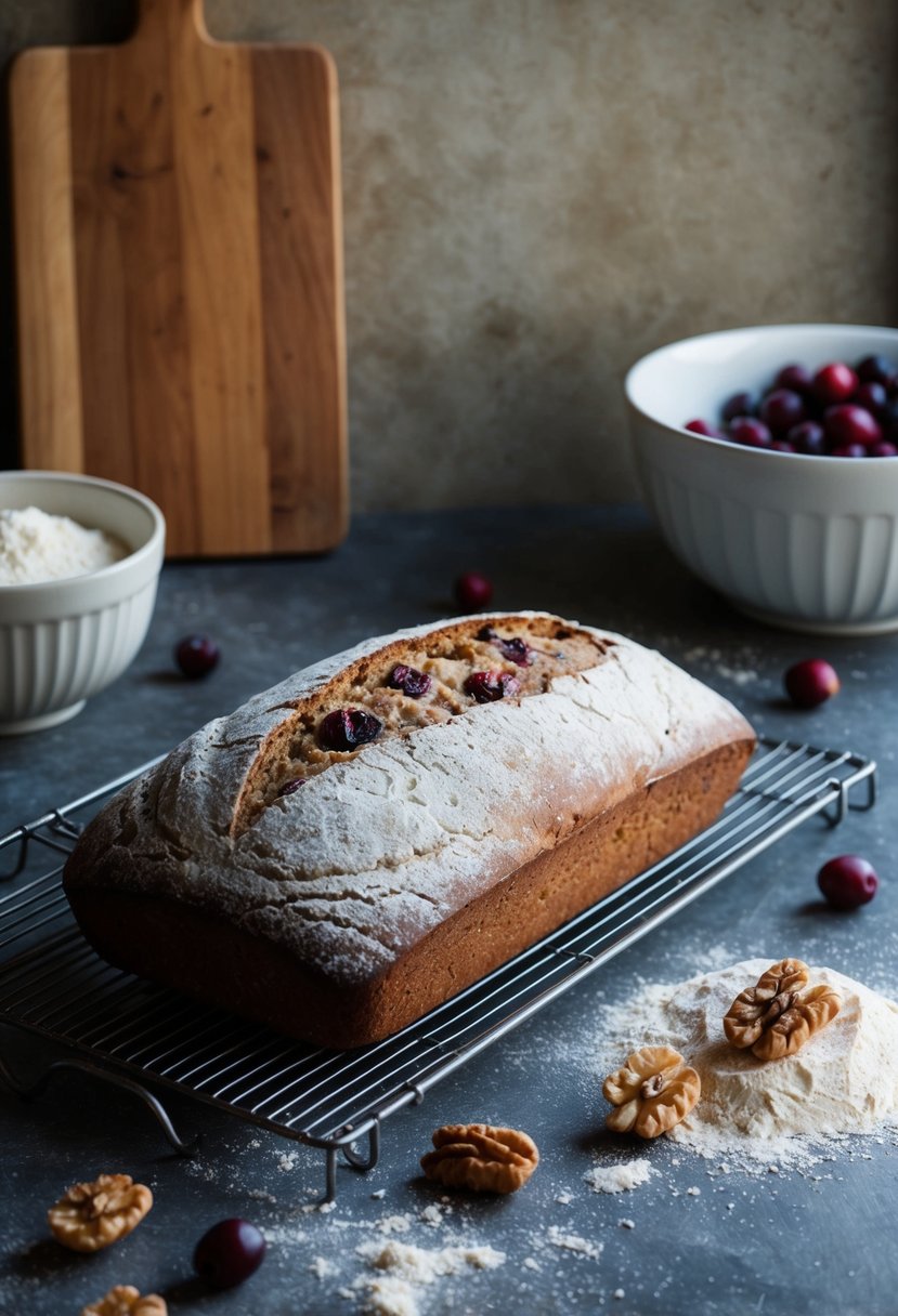 A rustic kitchen counter with a loaf of cranberry walnut sourdough bread cooling on a wire rack, surrounded by scattered flour and a wooden bread board