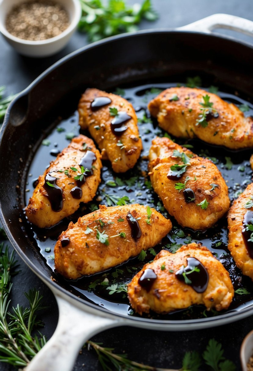 A skillet with sizzling chicken tenders coated in balsamic glaze, surrounded by fresh herbs and spices