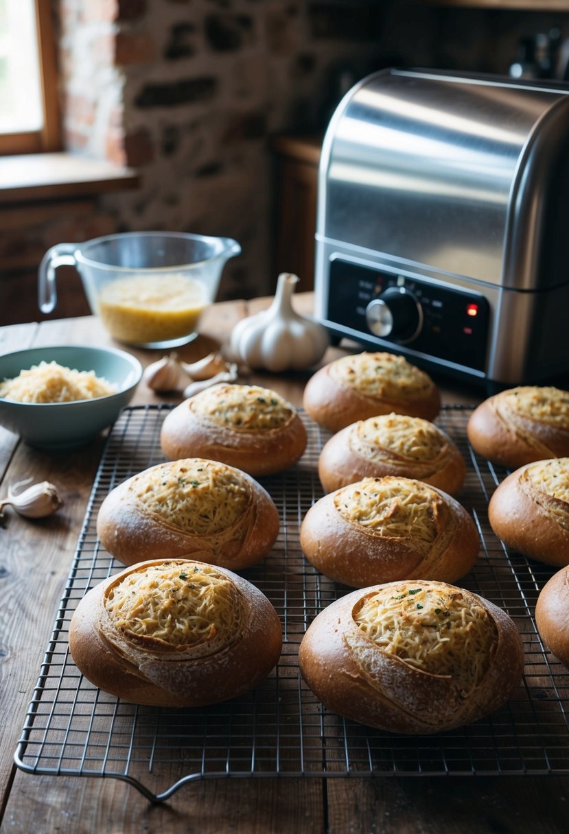 A rustic kitchen with a wooden table covered in freshly baked garlic Parmesan sourdough loaves cooling on a wire rack. Ingredients and a bread maker sit nearby