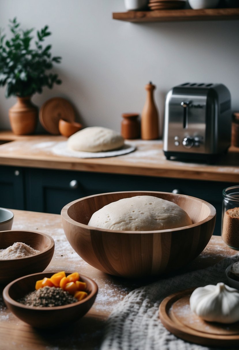 A rustic kitchen counter with a wooden bowl filled with sourdough pizza dough, surrounded by ingredients and a breadmaker