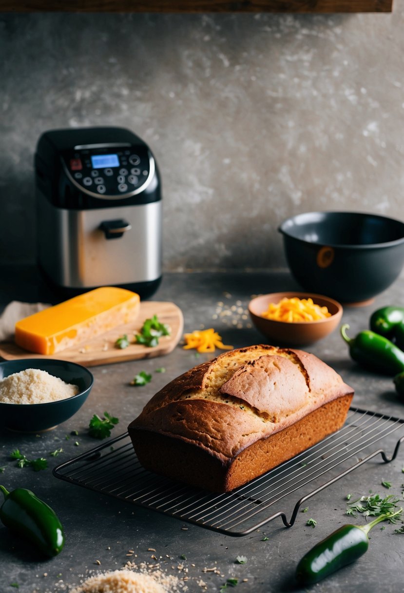 A rustic kitchen counter with a cheddar jalapeño sourdough loaf cooling on a wire rack, surrounded by scattered ingredients and a sourdough bread maker