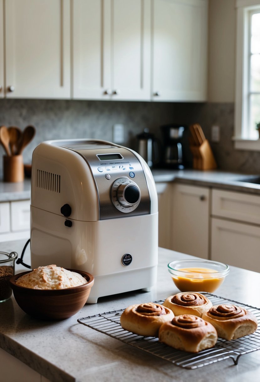 A kitchen counter with a sourdough breadmaker, ingredients for cinnamon rolls, and a freshly baked batch cooling on a wire rack