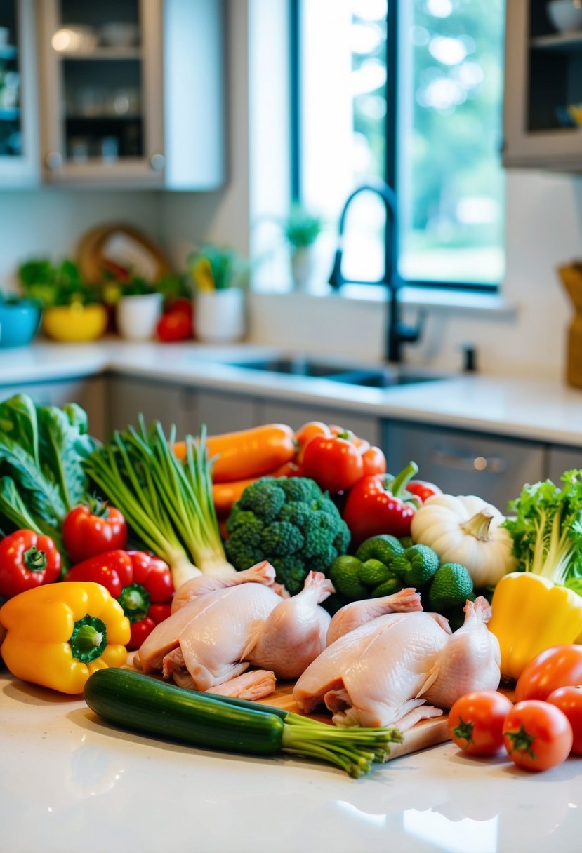 A colorful array of fresh vegetables and raw chicken arranged on a clean kitchen counter