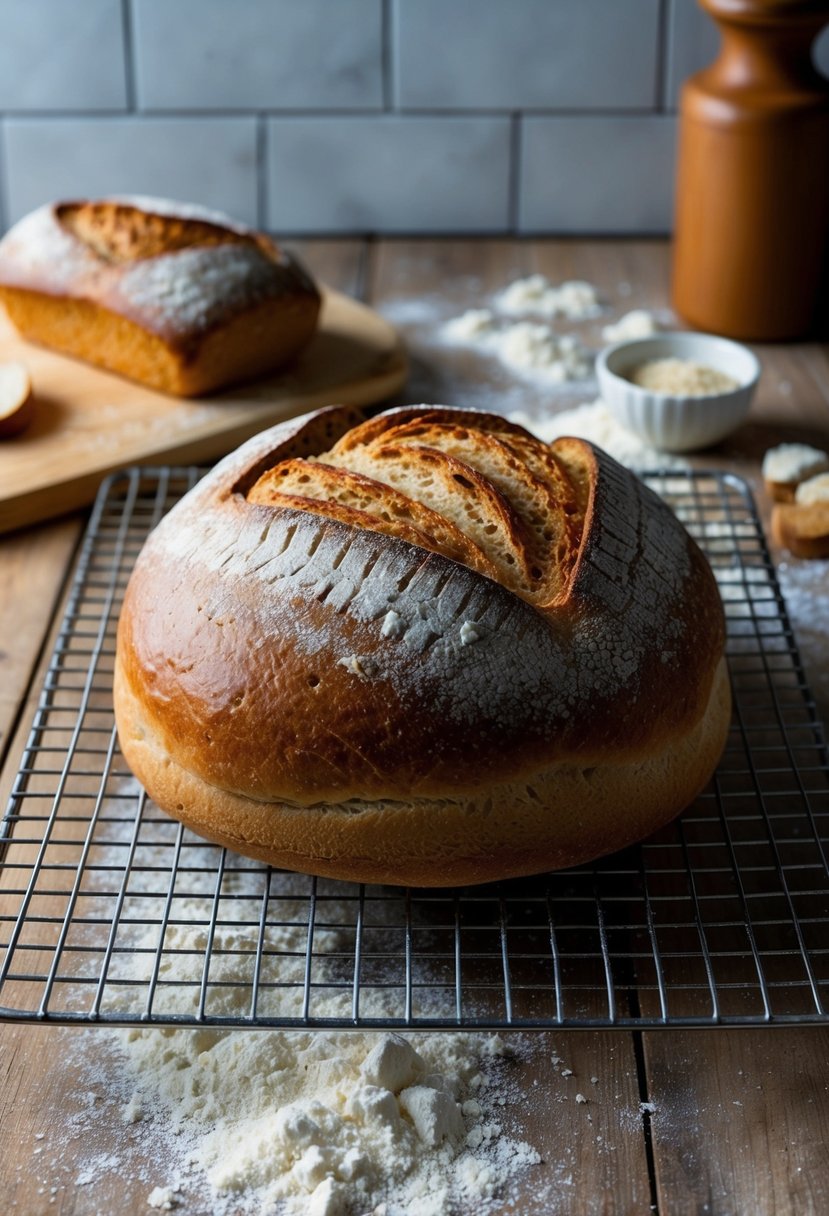 A rustic kitchen with a warm, golden loaf of rye sourdough bread cooling on a wire rack, surrounded by scattered flour and a wooden breadboard