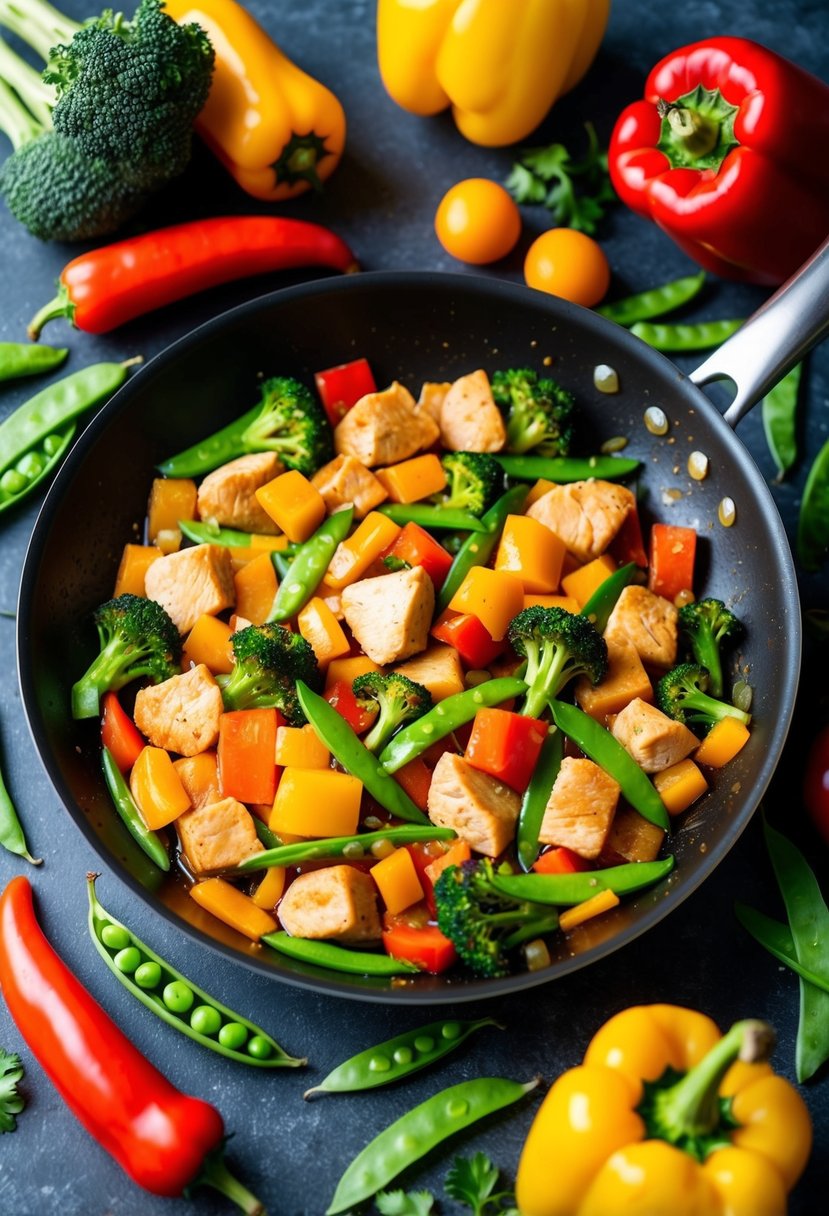 A sizzling stir-fry pan filled with colorful vegetables and tender chunks of chicken, surrounded by fresh ingredients like bell peppers, broccoli, and snap peas