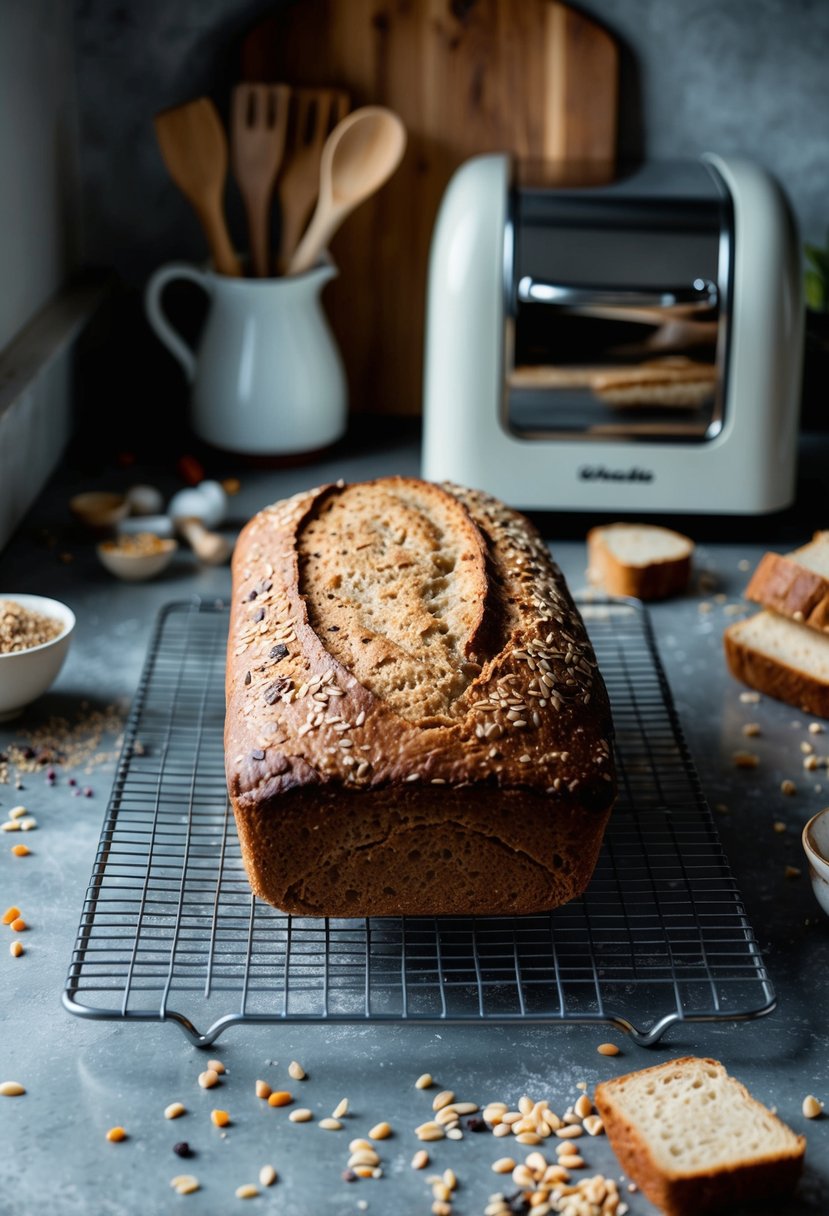 A rustic kitchen counter with a freshly baked multigrain sourdough loaf cooling on a wire rack, surrounded by scattered ingredients and a breadmaker