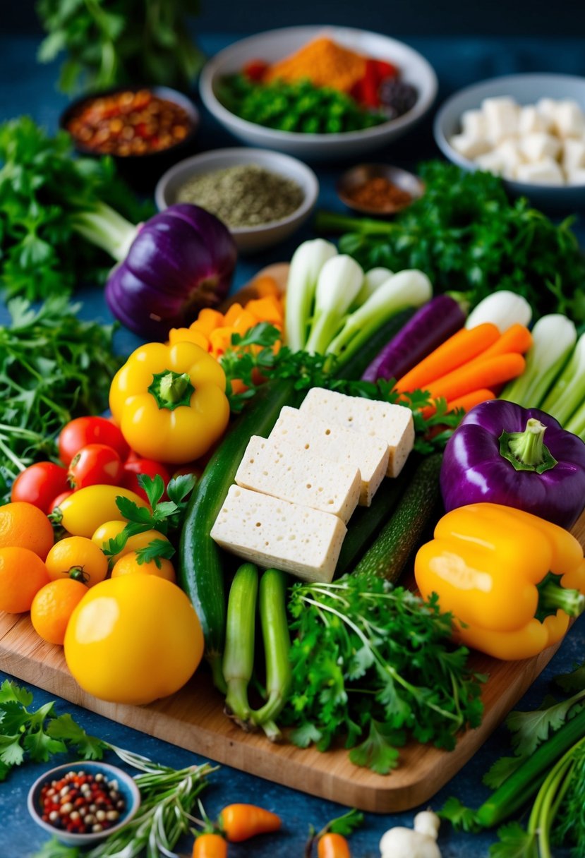 A colorful array of fresh vegetables and tofu arranged on a cutting board, surrounded by vibrant herbs and spices