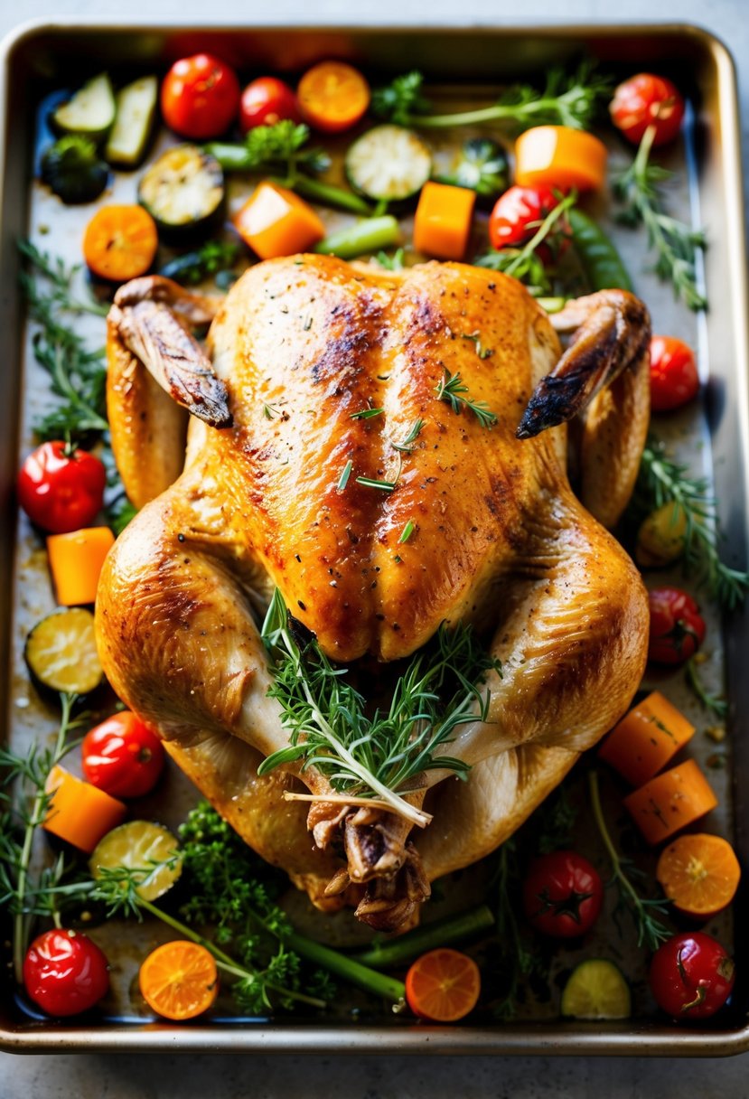 A whole roasted chicken surrounded by colorful roasted vegetables and fresh herbs on a baking tray