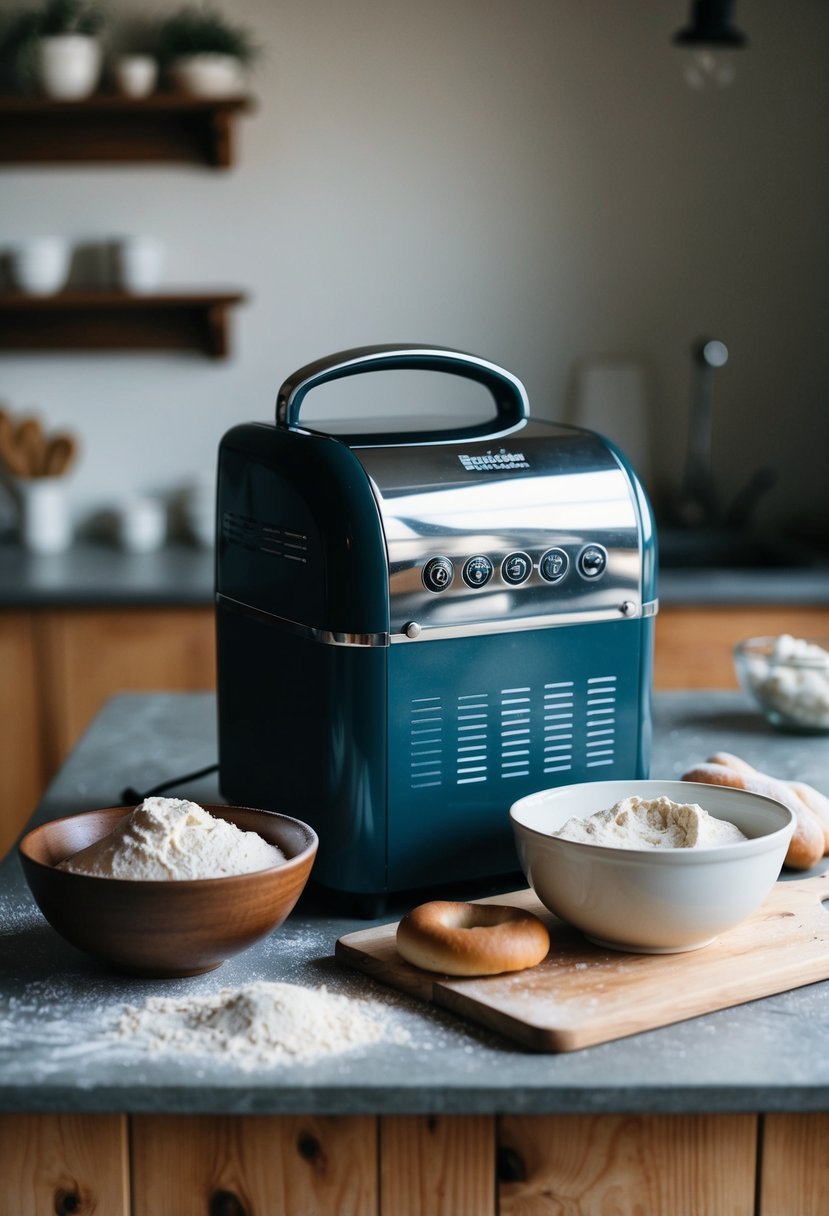 A rustic kitchen counter with a sourdough breadmaker, flour, and a bowl of dough for making sourdough bagels