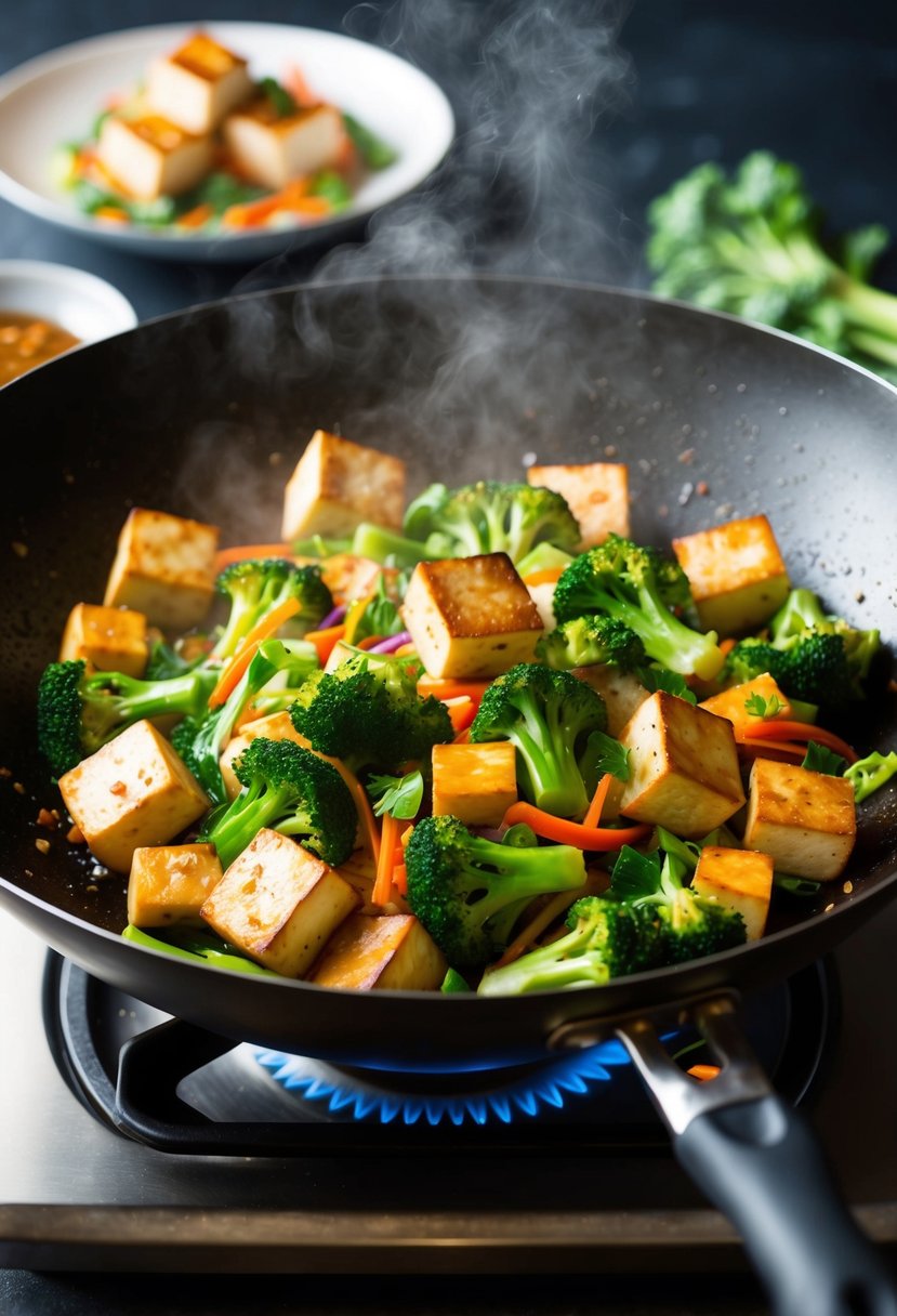 A sizzling wok filled with colorful stir-fried tofu, broccoli, and other vegetables, emitting delicious aromas