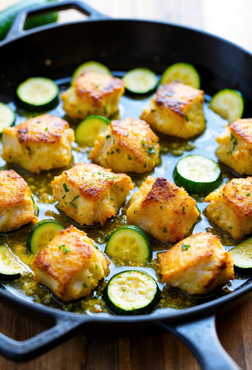 A sizzling skillet with golden-brown chicken bites in a pool of garlic butter, surrounded by vibrant green zucchini slices