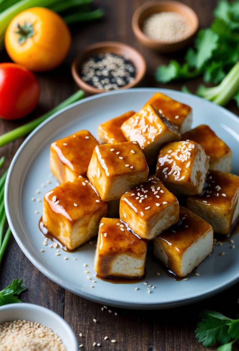 A plate of tofu cubes coated in a glistening maple-soy glaze, surrounded by fresh vegetables and a sprinkle of sesame seeds