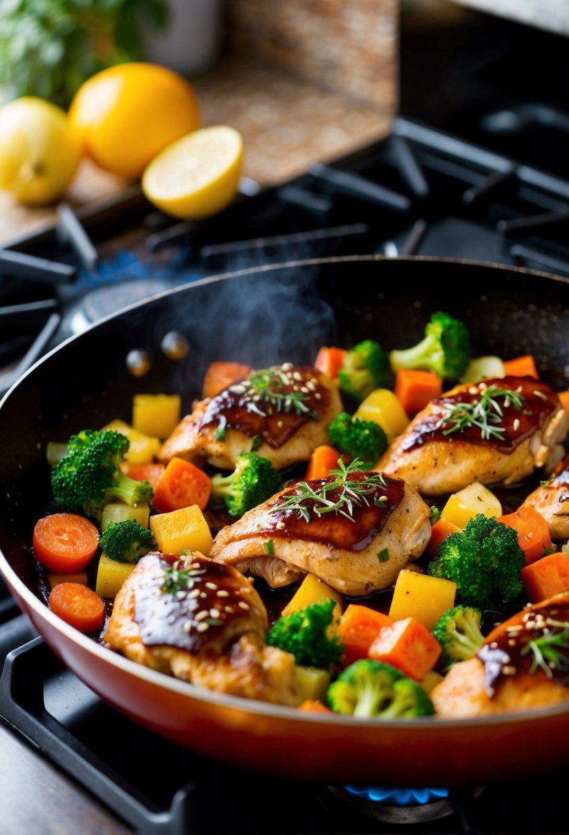 A sizzling skillet of balsamic-glazed chicken and colorful vegetables cooking on a stovetop