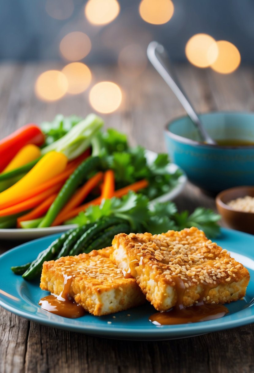 A plate of golden, crispy sesame-crusted tofu sits next to a colorful array of fresh vegetables and a drizzle of savory sauce