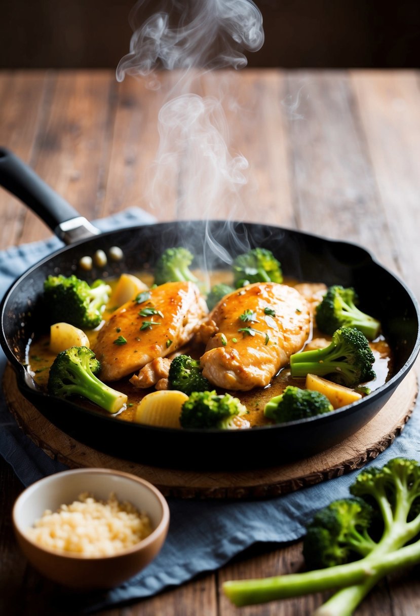 A sizzling skillet of honey garlic chicken and broccoli, steam rising from the tender vegetables and savory meat