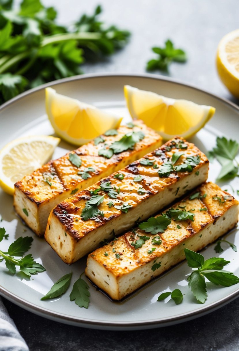 A plate of lemon herb grilled tofu with fresh herbs and sliced lemon