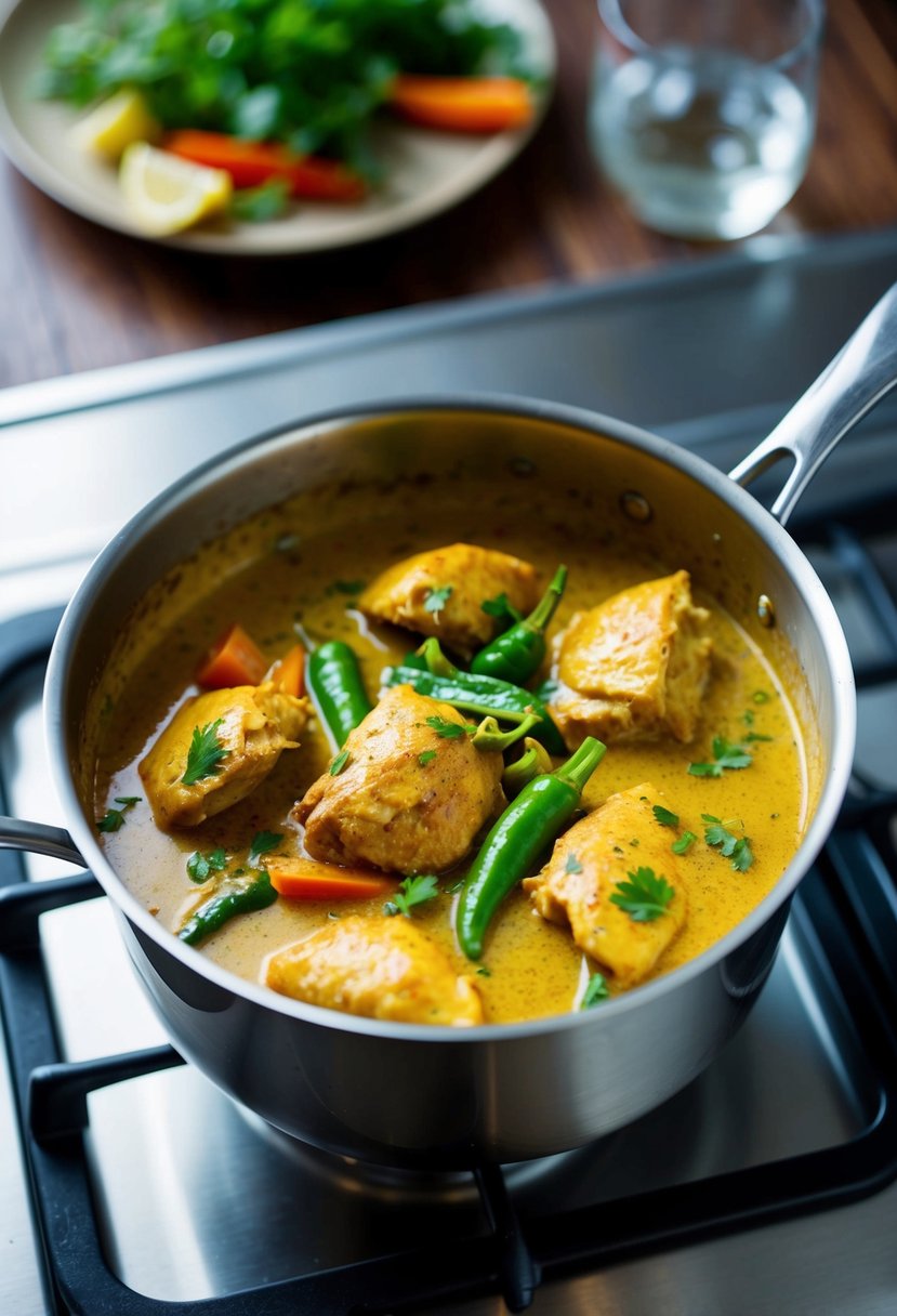 A simmering pot of coconut curry chicken and vegetables on a stovetop