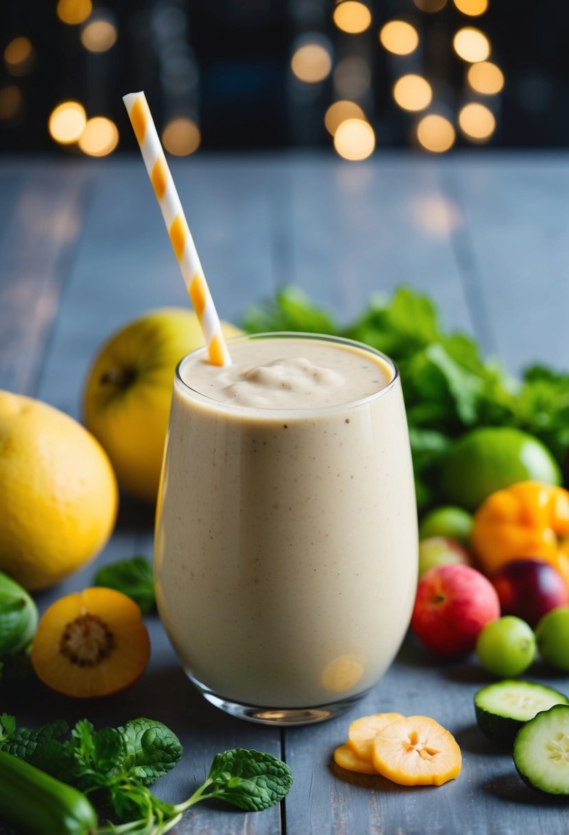 A glass filled with a creamy silken tofu smoothie surrounded by fresh fruits and vegetables