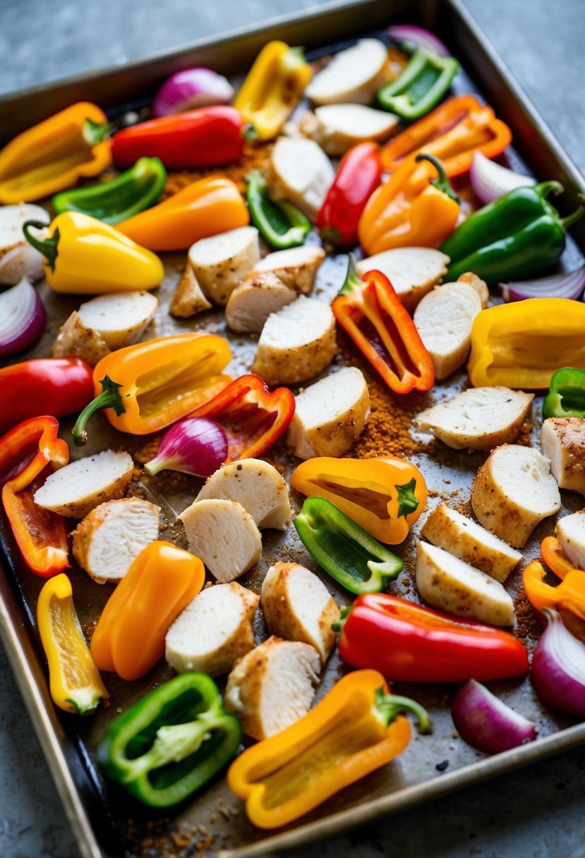 A colorful array of sliced chicken, bell peppers, onions, and spices spread out on a sheet pan ready for roasting