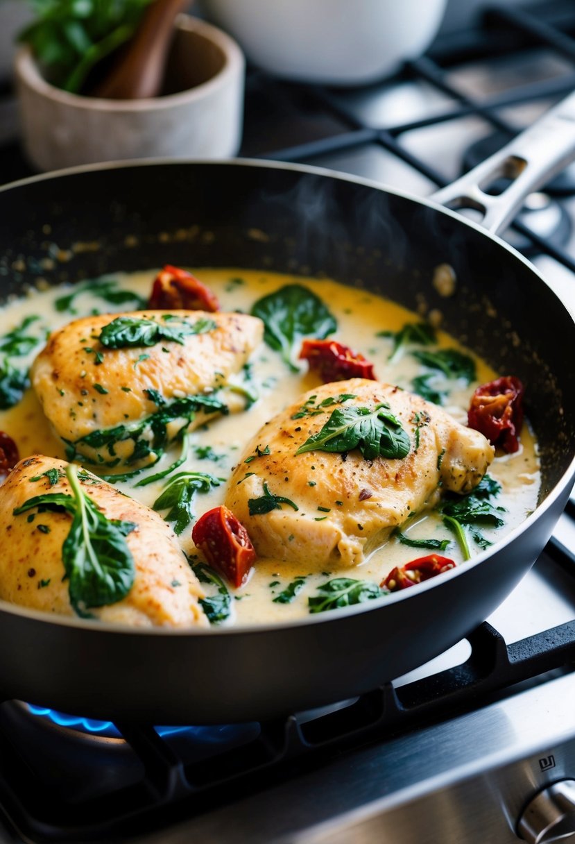 A skillet with creamy Tuscan chicken, spinach, and sun-dried tomatoes simmering over a stovetop