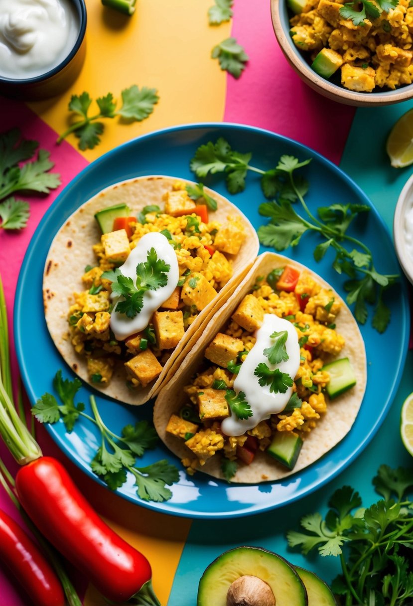 A colorful plate of tofu scramble breakfast tacos surrounded by fresh vegetables and herbs