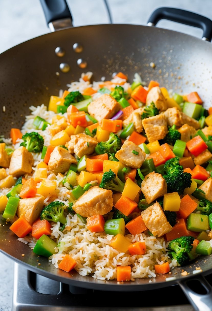 A sizzling wok filled with colorful diced vegetables and chunks of chicken stir-frying together with fluffy rice