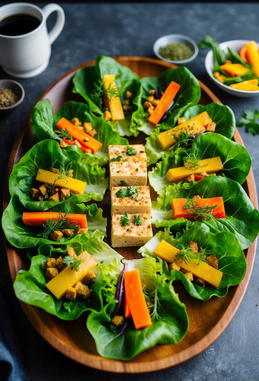 A colorful array of fresh lettuce leaves filled with seasoned tofu, vibrant vegetables, and aromatic herbs, arranged neatly on a wooden serving platter