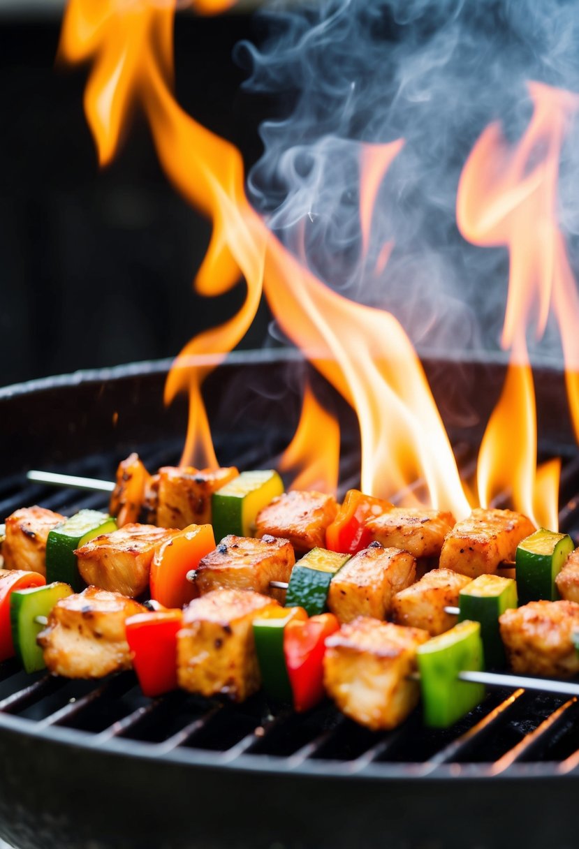 A sizzling grill with teriyaki chicken and vegetable skewers cooking over the flames