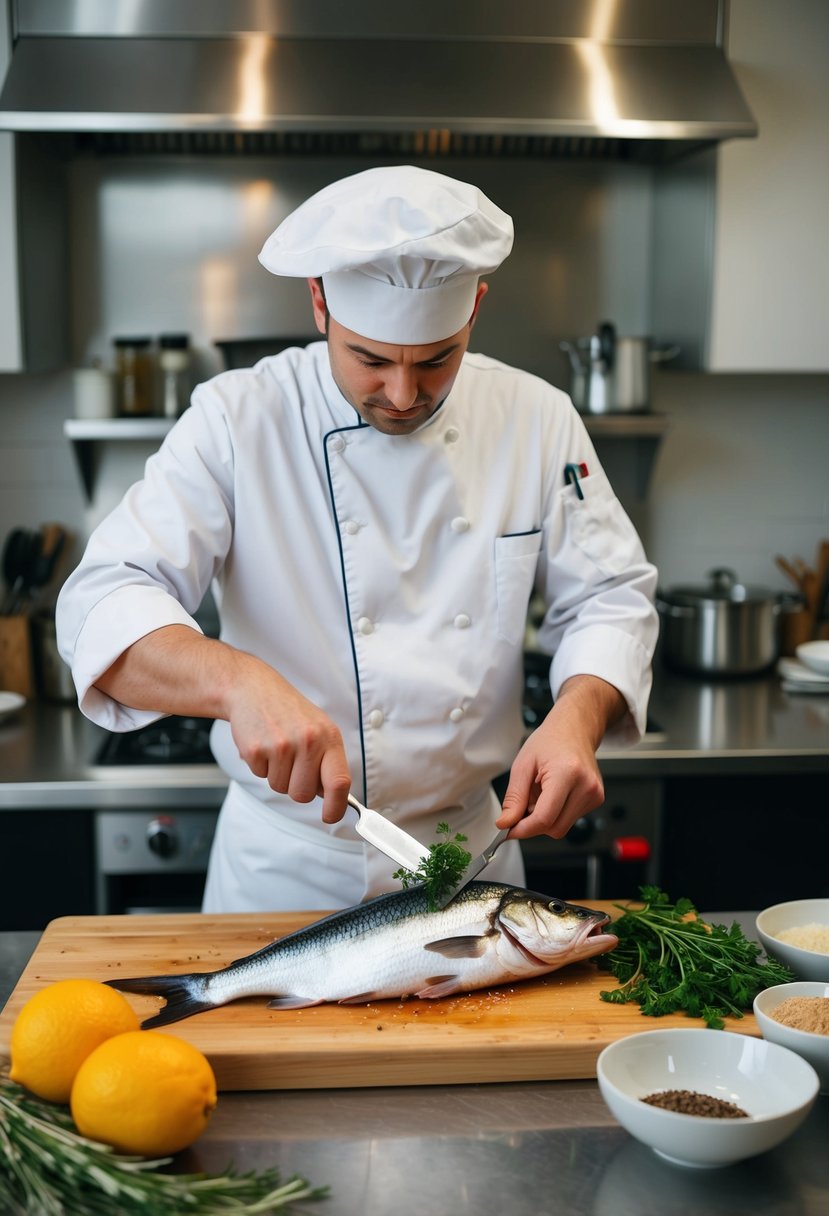 A chef preparing pollack fish with herbs and spices in a kitchen