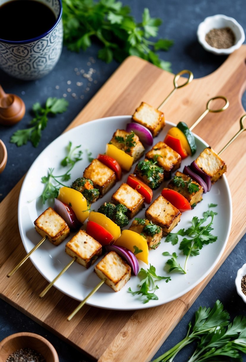 A plate of balsamic glazed tofu skewers with colorful vegetables, placed on a wooden cutting board, surrounded by fresh herbs and spices