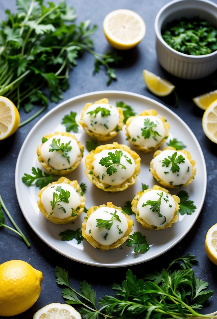 A plate of lemon herb pollak bites surrounded by fresh herbs and lemon slices