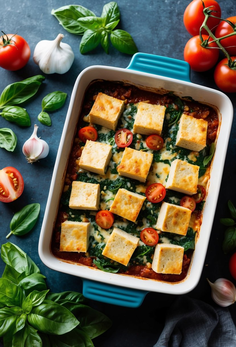 A baking dish filled with layers of tofu and spinach lasagna, surrounded by fresh ingredients like tomatoes, basil, and garlic