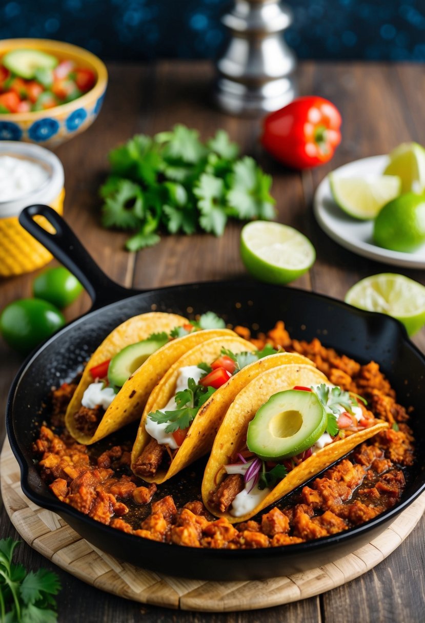 A sizzling skillet of spicy pollak tacos with fresh ingredients and vibrant colors