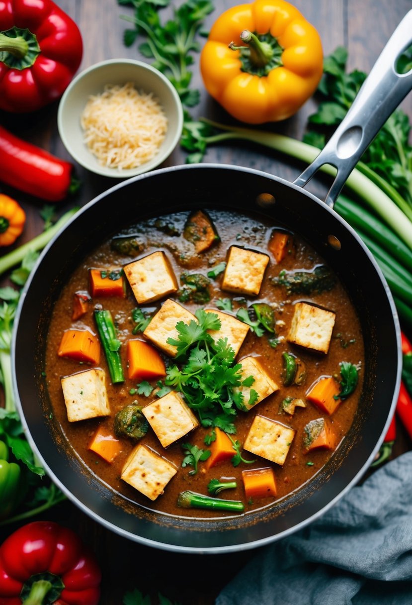 A simmering pot of tofu curry surrounded by colorful, fresh vegetables