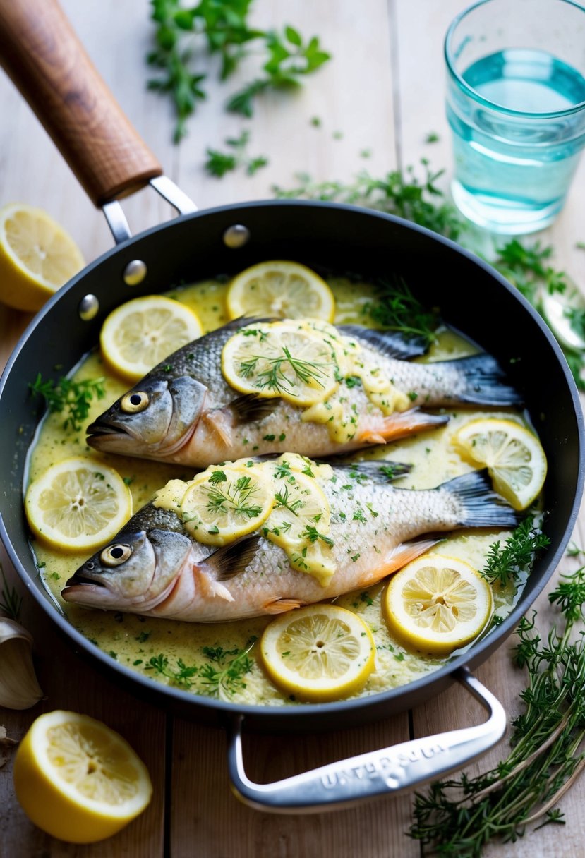 A pan of baked pollak fish covered in garlic butter, surrounded by fresh herbs and lemon slices