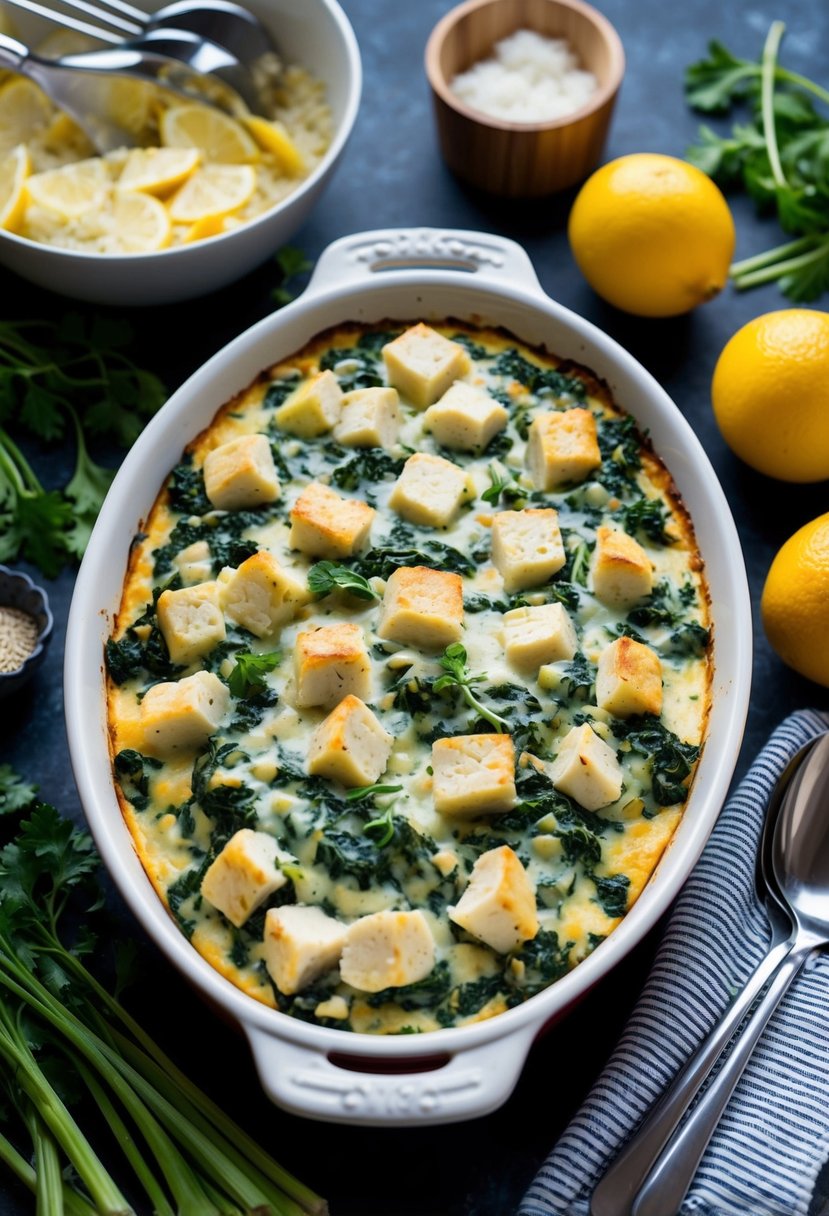 A baking dish filled with pollack and spinach casserole, surrounded by fresh ingredients and cooking utensils