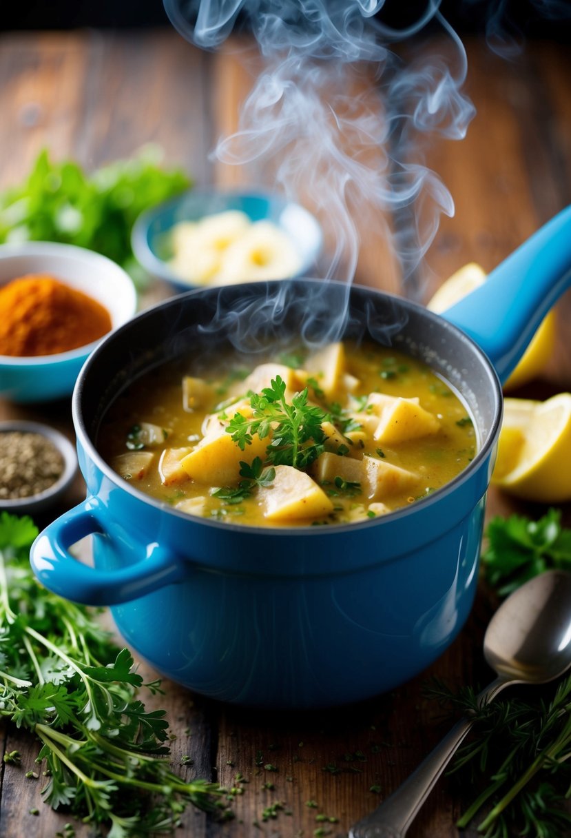 A steaming pot of smoked pollak chowder surrounded by fresh herbs and spices